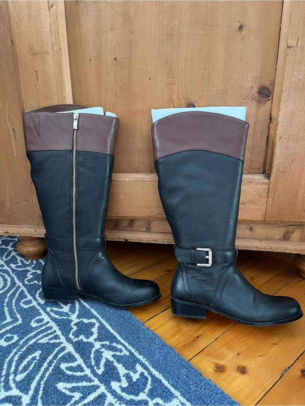 Lands' End Black Man Made Leather Tall Boots with Brown Cuff